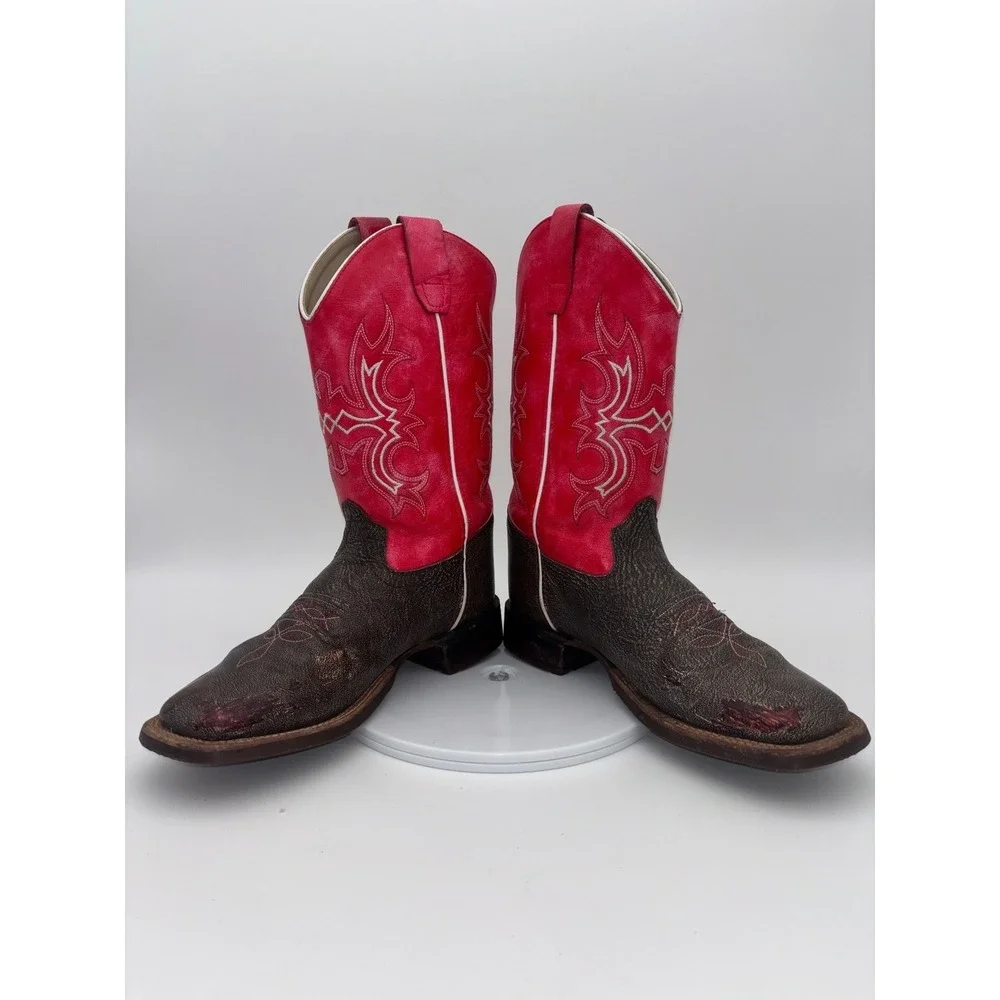 OLD WEST Red Cowboy Boot Western Square Toe Leather Brown‎ Boy Kids Girl Youth 6